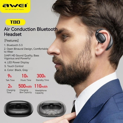 Picture of Awei T80 OWS Bluetooth Air Conduction Earbuds Headset With Mic-Black