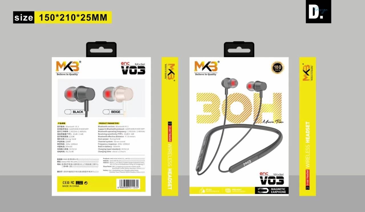 Picture of MKB V03 Magnetic Waterproof ENC Wireless Neckband-Black
