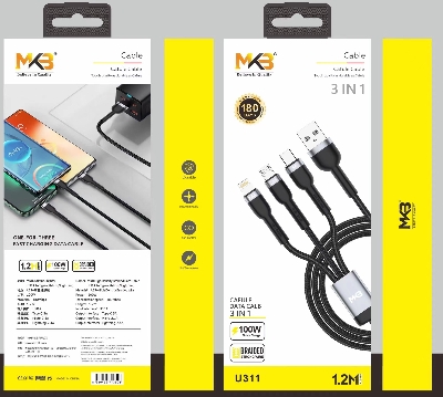 Picture of MKB U311 3 in 1 USB -LIGHTNING/Type-c/micro /100W higt power/FAST Cafule cable-Black