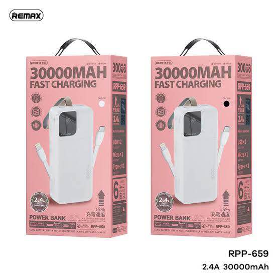 Picture of Remax RPP-659 Rellaen Series 30000mAh Powerbank WithBuilt-In Cable & Digital Display 2.4A-Black