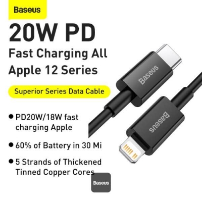 Picture of Baseus Superior Series PD 20W Type-C To Lightning Fast Charging Data Cable 1M - Black-Black