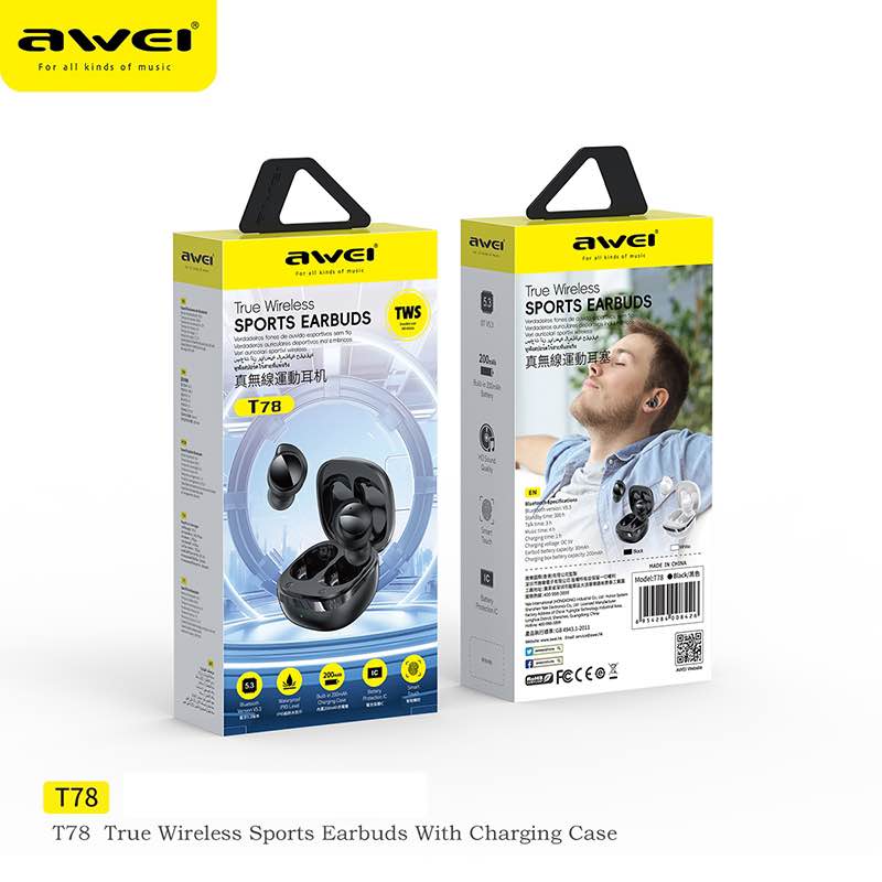 Picture of Awei T78 Bluetooth 5.3 Earphones Wireless 3D Stereo TWS Headphones with Microphones Game In-ear Headset Hifi HD Call Earbuds-Black