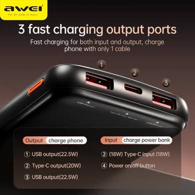 Picture of Awei P10K 10000mah 22.5W Fast Charging Digital Display Power Bank-Black