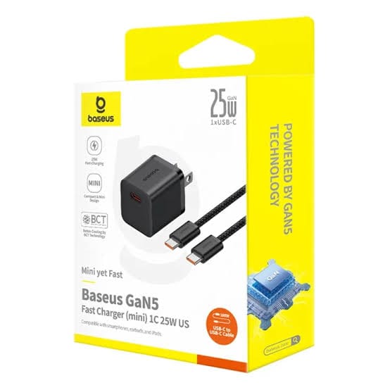 Picture of Baseus 25w GaN5 Fast Charger mini 1C With USB-C to USB-C Cable-Black