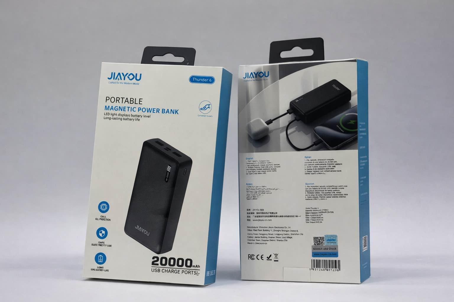 Picture of Jiayou Thunder-6 20000mAh Portable Slim Power Bank – 2.5A Fast Charging, Dual USB Output, Type-C & Micro Input-Black