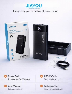 Picture of Jiayou Thunder 10 30000mAh 25W Multifunctional Power Bank with Display, 4 USB & 3 Type-C Ports – Safe and Long-lasting Battery-Black