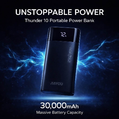 Picture of Jiayou Thunder 10 30000mAh 25W Multifunctional Power Bank with Display, 4 USB & 3 Type-C Ports – Safe and Long-lasting Battery-Black