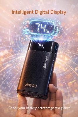 Picture of Jiayou Thunder 10 30000mAh 25W Multifunctional Power Bank with Display, 4 USB & 3 Type-C Ports – Safe and Long-lasting Battery-Black