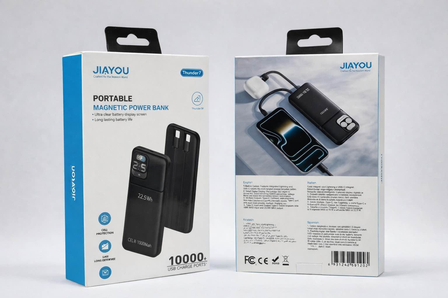 Picture of Jiayou Thunder 7 10000mAh 22.5W Fast Charging Power Bank with Built-in Type-C & Lightning Cable-Black