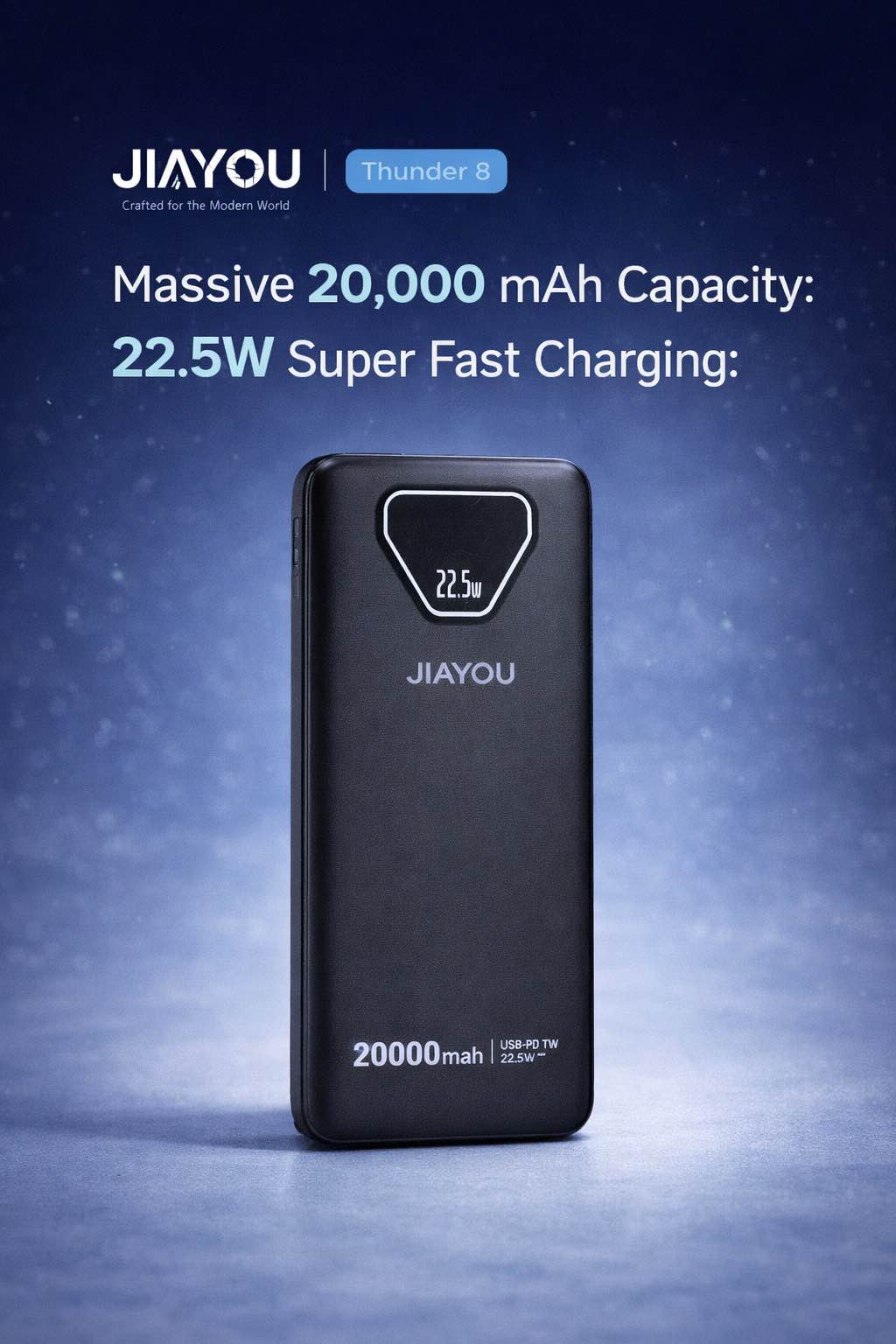 Picture of Jiayou Thunder 8 20000mAh 22.5W Fast Charging Power Bank with Built-in Type-C & USB Cable-Black