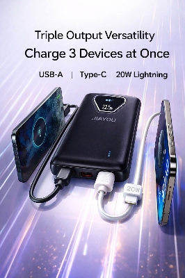 Picture of Jiayou Thunder 8 20000mAh 22.5W Fast Charging Power Bank with Built-in Type-C & USB Cable-Black
