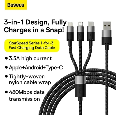 Picture of Baseus StarSpeed 3 in 1 3.5A Fast Charging Data Cable USB to Micro Type-C Lightning cable 1.2 meter-Black
