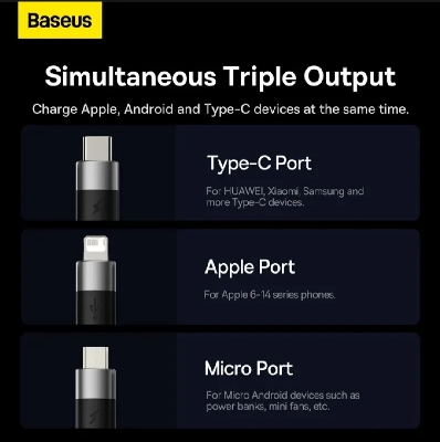 Picture of Baseus StarSpeed 3 in 1 3.5A Fast Charging Data Cable USB to Micro Type-C Lightning cable 1.2 meter-Black