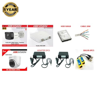 Picture of HikVision 2 Camera Package Audio Camera DS-2CE16D0T-ITPFS  DS-2CE76D0T-ITPFS 2MP Audio Indoor Fixed Turret Camera with DS-7104HGHI-K1 all accessoriess
