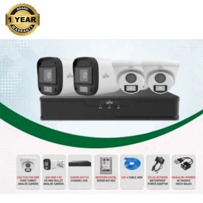 Picture of Uniview 4 Camera Package With all accessoriess,  XVR 2 MEGA XVR301-04F Camera, HDD 1Pcs, Balun Adapter , CAT6 Cable 40Meter, support AHD/TVI/CVI/CVBS/IP, 2MP input, 2MP encoding capability, audio over coaxial
