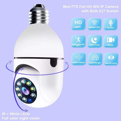 Picture of V380 2MP E27 Bulb WIFI Camera PTZ HD Infrared Night Vision Two Way Talk Baby Monitor Auto Tracking For Home Security Spot delivery - White - 128GB