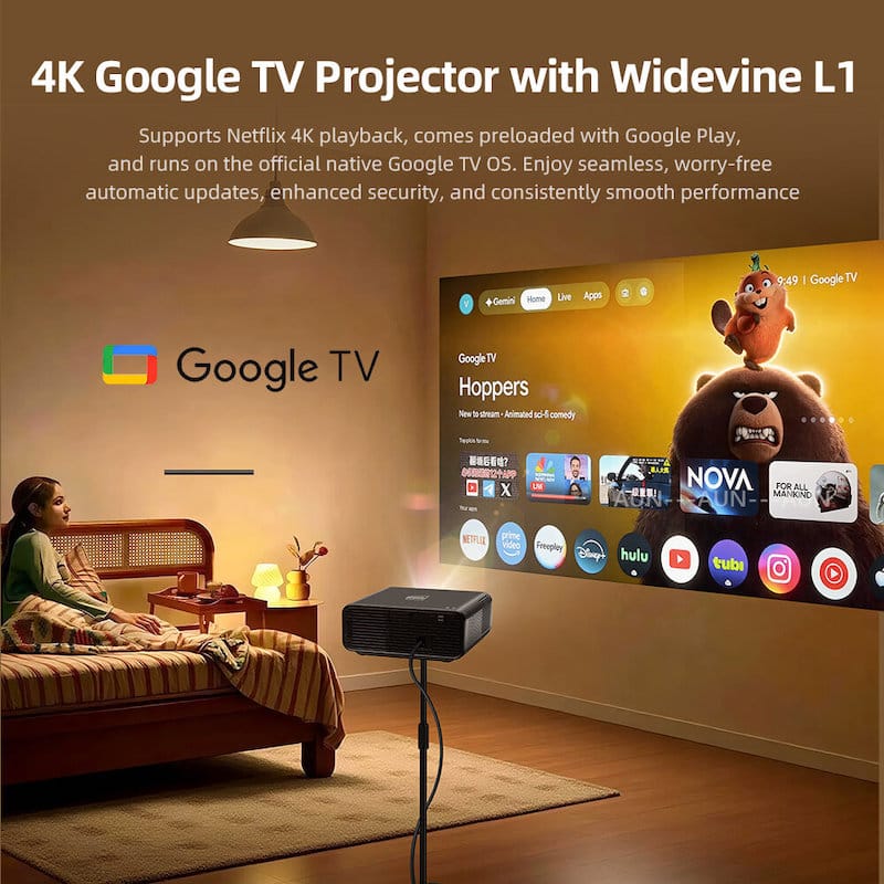 Picture of AUN U001 Pro Projector Full HD 1920x1080P 4K Support Genuine Android TV 14 Widevine L1 Gemini AI Home Theater