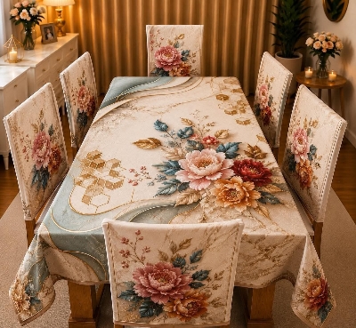 Picture of 3D Print Premium Dining Table Cloth & Chiar Cover Set 7 in 1 TC-223