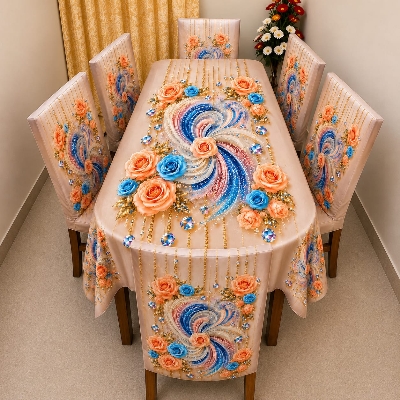 Picture of 3D Print Premium Dining Table Cloth & Chiar Cover Set 7 in 1 TC-231