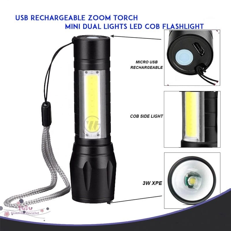 Picture of TechLimb Rechargeable LED Zoom Flashlight XPE+COB 4 Mode - Black