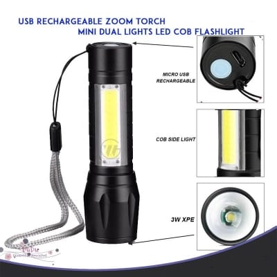 Picture of TechLimb Rechargeable LED Zoom Flashlight XPE+COB 4 Mode - Black