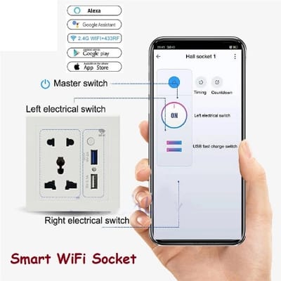 Picture of TechLimb Smart WiFi Wall Socket with USB QC3.0 10A - White