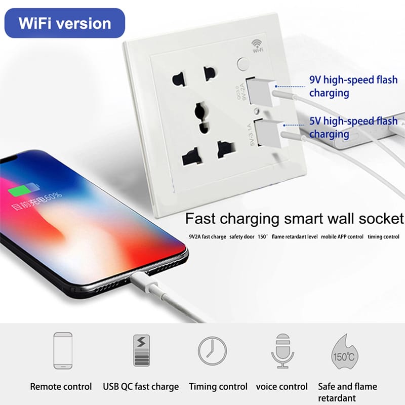 Picture of TechLimb Smart WiFi Wall Socket with USB QC3.0 10A - White