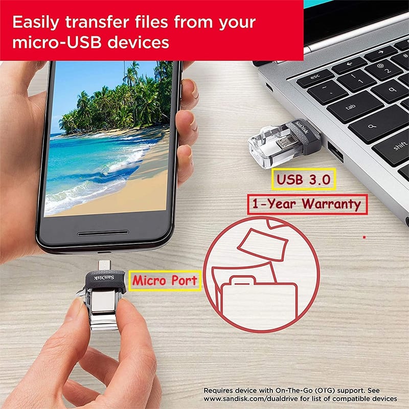 Picture of SanDisk 64GB Ultra Dual Drive USB+Micro USB 3.0 OTG - Black