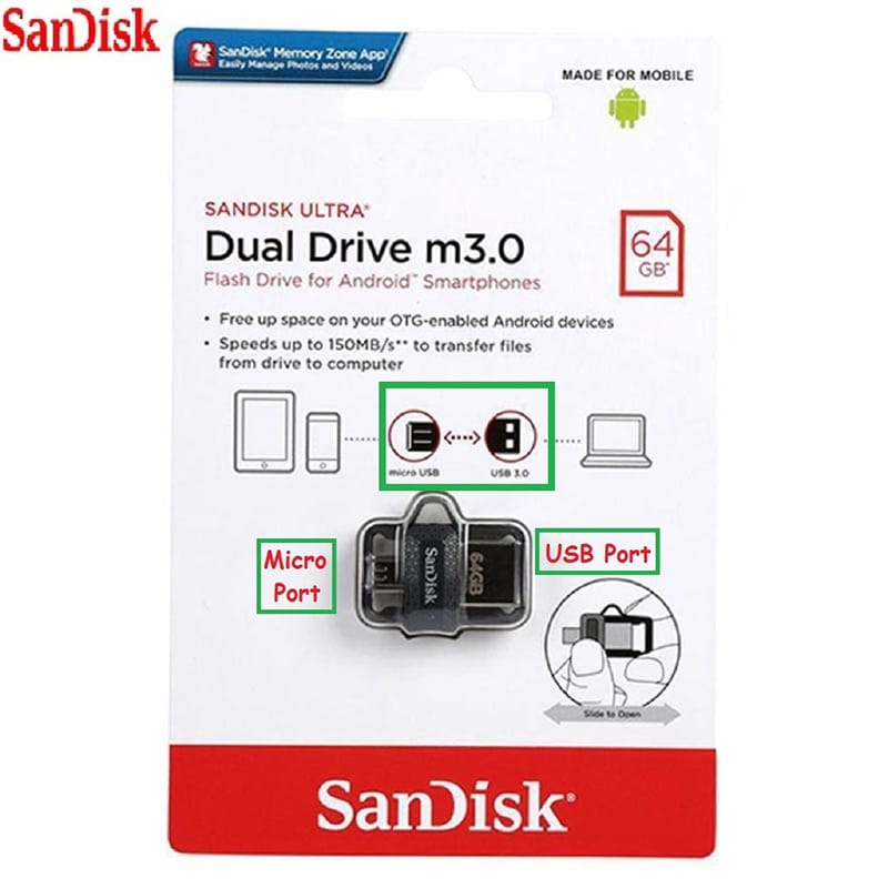 Picture of SanDisk 64GB Ultra Dual Drive USB+Micro USB 3.0 OTG - Black