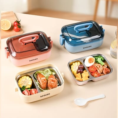 Picture of 500 ml Leakproof Stainless Steel Lunch Box Handle Spoon Microwaveable SUS304 Container 2 Grids Tiffin Box for Kids School