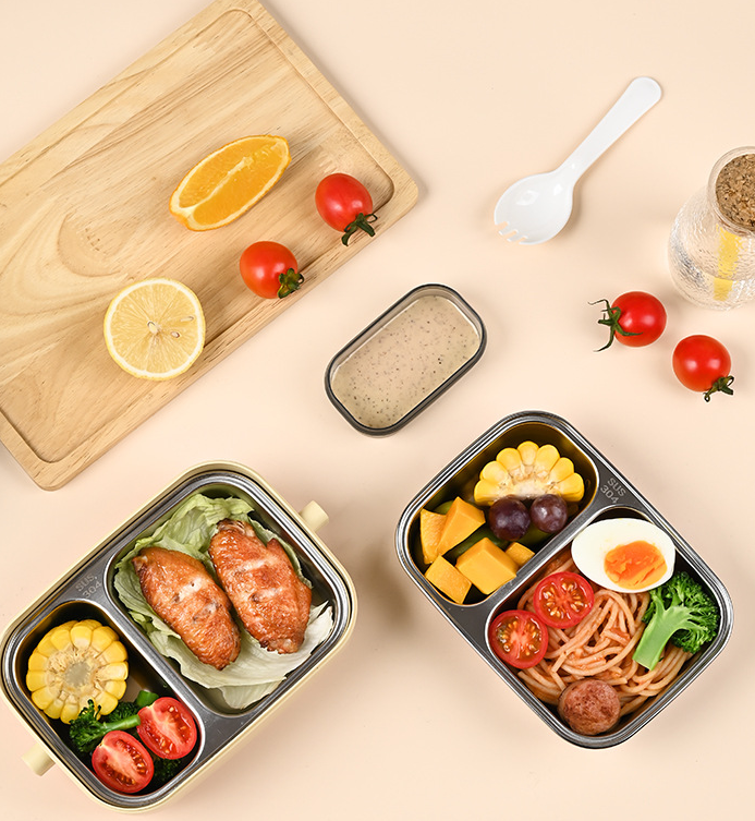 Picture of 500 ml Leakproof Stainless Steel Lunch Box Handle Spoon Microwaveable SUS304 Container 2 Grids Tiffin Box for Kids School