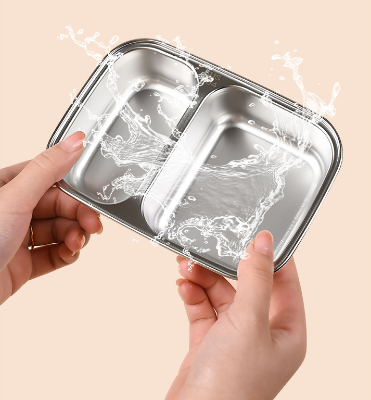 Picture of 500 ml Leakproof Stainless Steel Lunch Box Handle Spoon Microwaveable SUS304 Container 2 Grids Tiffin Box for Kids School
