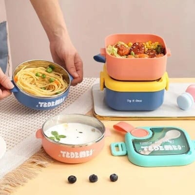 Picture of 100% Leakproof Kids Stainless Steel Airtight Lunch Box Spoon Microwave Food Grade SUS304 Sealed Tiffin Box School Man Office