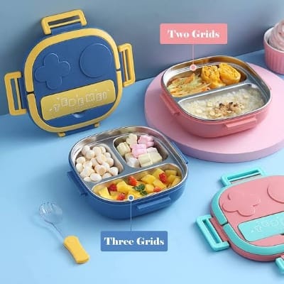 Picture of 500 ML Leakproof Tedemei Stainless Steel Lunch Box Bento 2 or 3 Compartments Grids Free Spoon SUS 304 Tiffin Box for School Kids