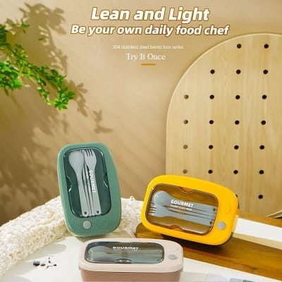 Picture of 750 ML SUS304 Leakproof Gourmet Lunch Box Bento Free Chopsticks Spoon Fork Stainless Steel 2 Compartments Sealed Tiffin Box for Kids Office School Hot Microwave-Yellow