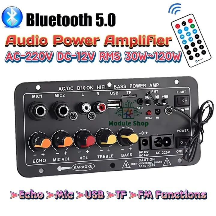 Picture of D10 Bluetooth Audio Amplifier Cabinet Type 30W-120W AC-220V DC-12V Echo USB MIC FM Radio TFSupport Dual Microphone Bluetooth 5.0 Amplifier Subwoofer for 4Ohm Speaker No Need Power Adapter Black