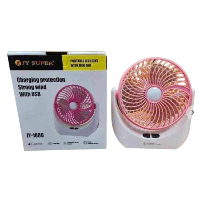 Picture of JY SUPER 1880 (RECHARGEABLE PORTABLE USB FAN) With LED Light, 2400mAh Battery 1400 mm Silent Operation 3 Blade Table Fan 