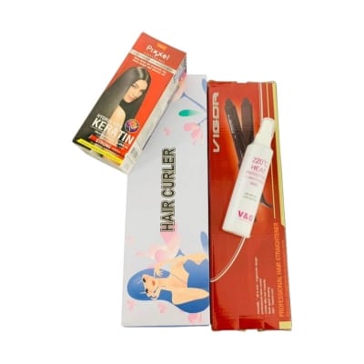 Picture of VIGOR V-908 Fast Hair Straightener,Auto Hair Curler Ceramic Heating Ion,V&G 220°C Heat Protection Conditioning Mist 100ml,Lolane Pixxel Professional Hair Straightening Cream 4 in 1 combo Multicolor