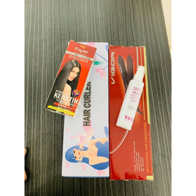 Picture of VIGOR V-908 Fast Hair Straightener,Auto Hair Curler Ceramic Heating Ion,V&G 220°C Heat Protection Conditioning Mist 100ml,Lolane Pixxel Professional Hair Straightening Cream 4 in 1 combo Multicolor