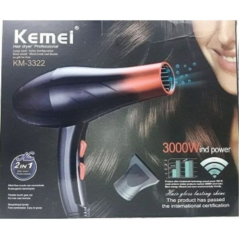 Picture of KEMEY KM-3322 1000W high-power three-in-one electric hair dryer for professional hairdressing salons Black
