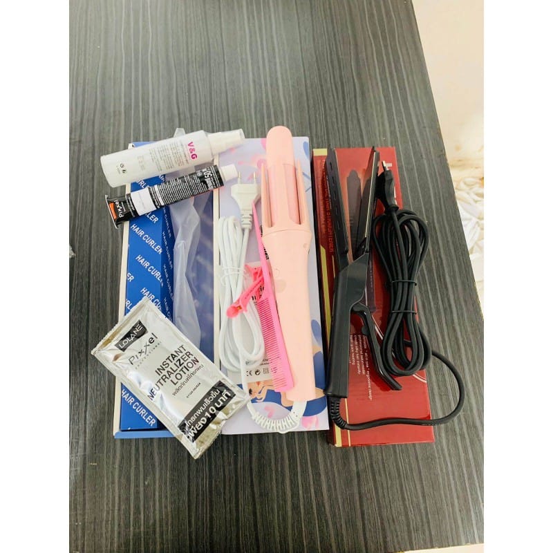 Picture of VIGOR V-908 Fast Hair Straightener,Auto Hair Curler Ceramic Heating Ion,V&G 220°C Heat Protection Conditioning Mist 100ml,Lolane Pixxel Professional Hair Straightening Cream 4 in 1 combo Multicolor