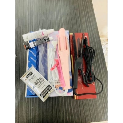 Picture of VIGOR V-908 Fast Hair Straightener,Auto Hair Curler Ceramic Heating Ion,V&G 220°C Heat Protection Conditioning Mist 100ml,Lolane Pixxel Professional Hair Straightening Cream 4 in 1 combo Multicolor