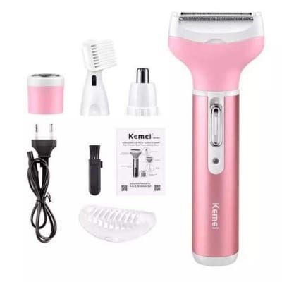 Picture of Kemei KM - 6637 Multifunctional 4 in 1 Rechargeable Women Body Shaver Beard Eyebrow Nose Trimmer Set Female Electric Shaver Pink