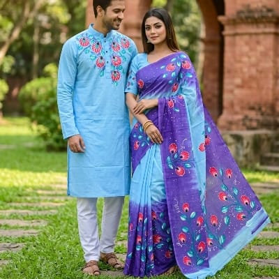 Picture of Attractive Hand-Painted Couple Set - Saree and Panjabi