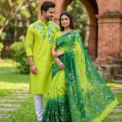 Picture of Attractive Hand-Painted Couple Set - Saree and Panjabi