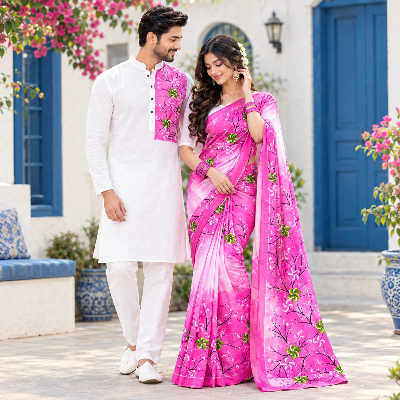 Picture of Attractive Hand-Painted Couple Set - Saree and Panjabi