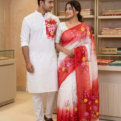Picture of Attractive Hand-Painted Couple Set - Saree and Panjabi