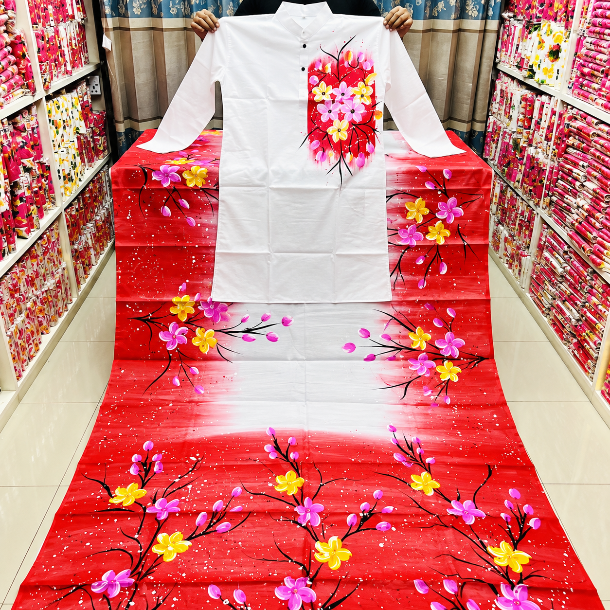 Picture of Attractive Hand-Painted Couple Set - Saree and Panjabi