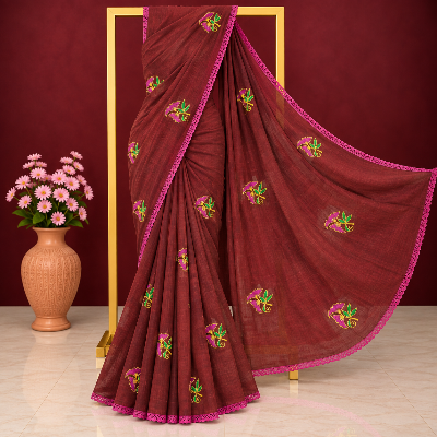 Picture of Exclusive Cotton Saree with Blouse & Embroidery and Lace Border - Maroon