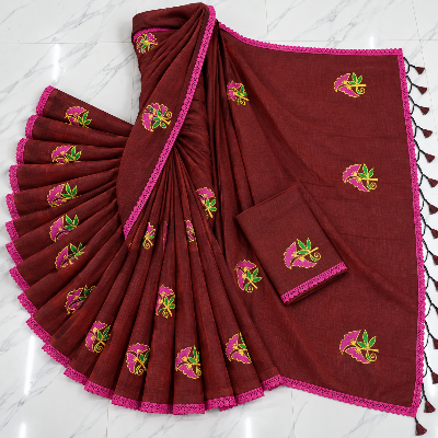 Picture of Exclusive Cotton Saree with Blouse & Embroidery and Lace Border - Maroon